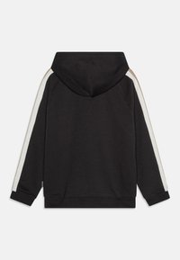 Hooded sweatshirt in dark gray fabric, featuring white and beige side stripes. Ribbed hem and cuffs, smooth texture, casual design.