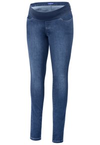 Jeans azul escuro com um cós preto elástico, design de cinco bolsos, corte justo e uma textura suave. Apresenta costura em contraste ao longo das costuras.