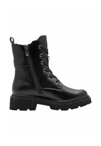 Botte de combat en cuir noir avec lacets, fermeture éclair sur le côté, tirette au niveau du talon et semelle épaisse à crampons pour une traction robuste et un soutien de la cheville.