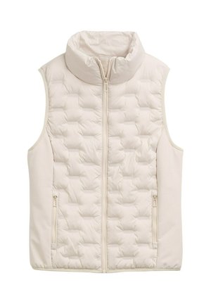 Beige mouwloze doorgestikte bodywarmer met hoge kraag en ritssluiting aan de voorkant, voorzien van ritssluiting aan de zijkanten.