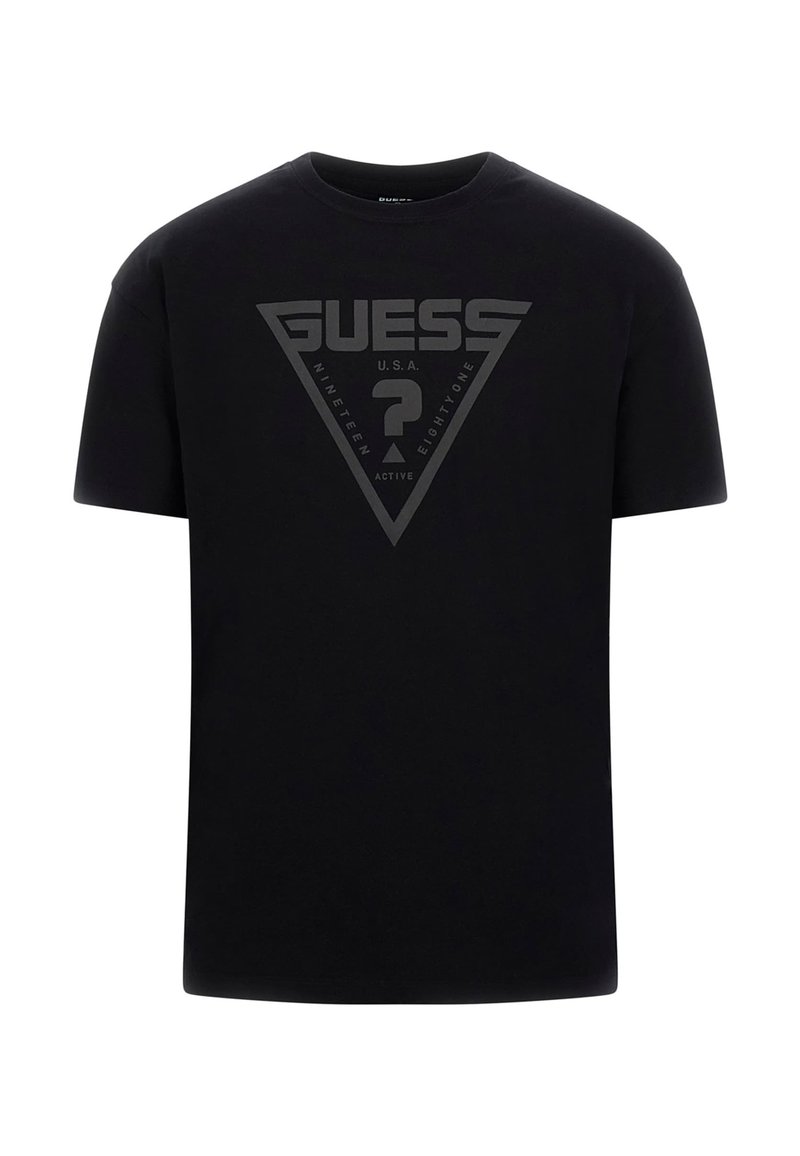 Camiseta GUESS Hombre Manga Corta Negra - Logo Triangular Rosa Dorado, Algodón, Estilo Casual Moderno