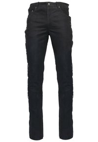 Schwarze Jeanshose mit geradem Schnitt, im fünf-Taschen-Stil und dekorativen Seitenknöpfen entlang der Beine.