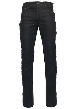 Sorte bukser lavet af denim, med en lige pasform, fem-lomme stil og dekorative sideknapper langs benene.