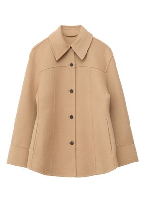 Beige Jacke aus einer Wollmischung mit Stehkragen, Knopfleiste vorne und seitlichen Taschen. Verfügt über eine strukturierte Webart und eine taillierte Silhouette.