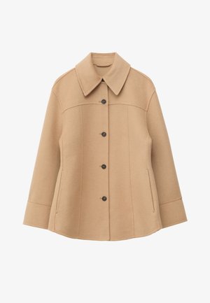 Beige wool blend jacket with a collared neck, button front, and side pockets. Features a textured weave and tailored silhouette.