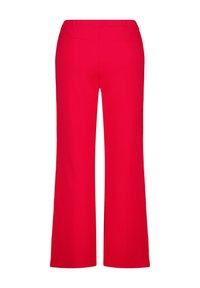 Red, wide-leg trousers with an elastic waistband and two back pockets. Smooth texture, no visible patterns or hardware.