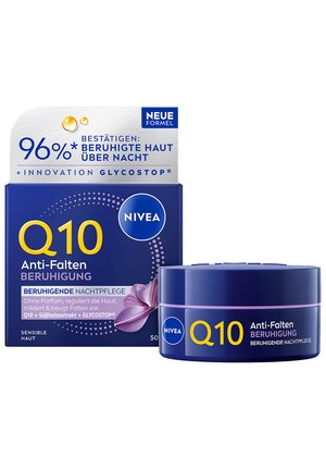 NIVEA Q10 Anti-Wrinkle Night Cream with Glycostop, calming formula for sensitive skin, 50ml jar and box with product details in German.