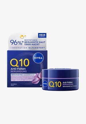 NIVEA Q10 Anti-Wrinkle Night Cream with Glycostop, calming formula for sensitive skin, 50ml jar and box with product details in German.