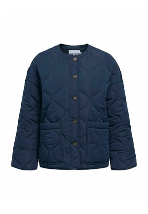 Tumesinine tikitud jope ümmarguse kaelusega, esitelgede ja pika varrukaga ning kahe suure esitaskuga.