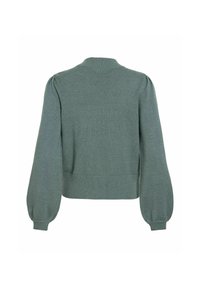 Pull en maille vert à manches longues avec manches bouffantes, poignets, taille et encolure ronde côtelées, vu de dos.