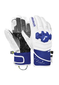 Goalkeeper gloves featuring white latex exterior, textured black palm, and blue accents. Includes a Velcro strap and reinforced finger design.
