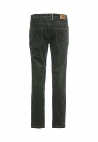 Pantalon en velours côtelé vert foncé avec une coupe droite, cinq poches et une étiquette en cuir au dos de la ceinture. Texture mate.