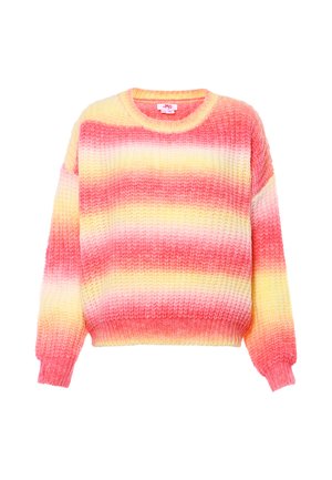 Blød strikket sweater med vandrette striber i nuancer af pink, gul og orange, med lange ærmer og rund halsudskæring.