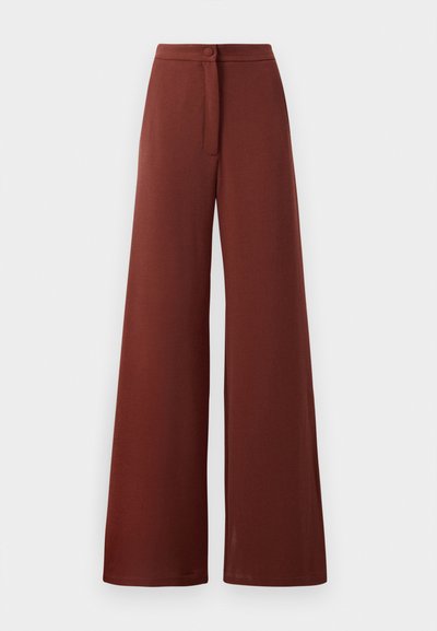 Wide-leg trousers in dark red fabric, featuring a button closure and a front tie detail. Smooth texture with a flowing silhouette.