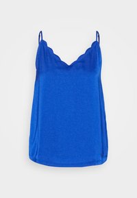 Camisole bleue avec encolure festonnée, bretelles fines et coupe décontractée. Confectionnée dans un tissu léger à la texture lisse.
