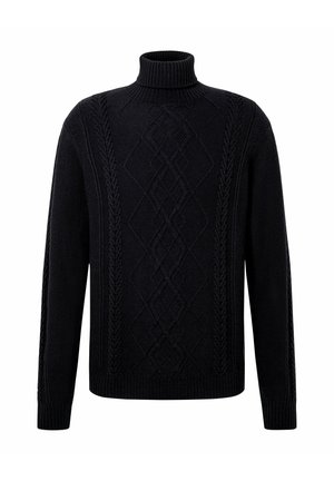 Schwarzer Zopfmuster-Rollkragenpullover mit langen Ärmeln und gerippten Bündchen, Saum und Kragen, abgebildet vor weißem Hintergrund.