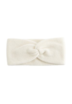 Knit headband in cream with a twisted front design. Soft texture and flexible material for comfort and warmth. Suitable for various head sizes.