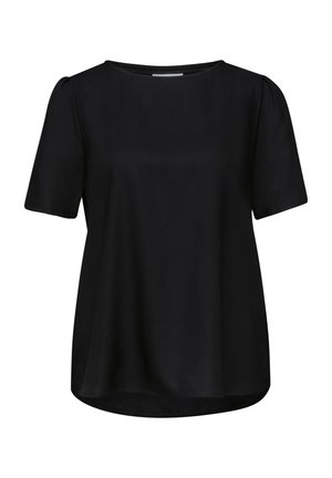 Schwarze Bluse mit kurzen Ärmeln, rundem Ausschnitt und leicht gepufften Schultern, weiter Schnitt und geschwungenem Saum.