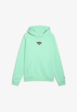 Mintgrön huvtröja tillverkad av mjukt tyg. Har en central broderad logga med vingar, känguruficka samt ribbade mudd- och fållkanter.