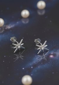 Silver stjärnformade örhängen med en central ädelsten, polerad yta, mot en mörk, stjärnprydd bakgrund med spridda pärlor.