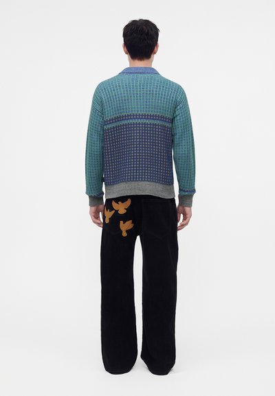 Homme portant un pull vert et bleu à motifs et un pantalon noir avec trois patchs marron en forme d'oiseaux sur la poche arrière droite, debout de dos.