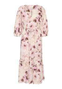 Robe midi fleurie avec des manches trois-quarts, fond rose clair, motifs de fleurs brunes et violettes, détail de taille à nouer, et ourlet évasé.