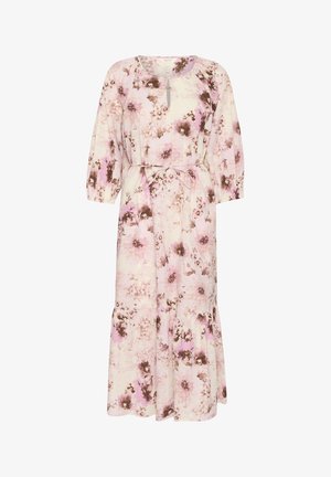 Floral midi dress with three-quarter sleeves, light pink base, brown and purple flower patterns, a tie waist detail, and a flared hem.