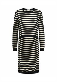 Robe à rayures avec un haut court. Le tissu est un tricot doux avec des rayures noires et crème, manches longues et poignets côtelés.