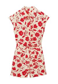 Bloemenprint romper, lichte crèmekleurige achtergrond met levendige rode bloemen, korte mouwen, kraag, getailleerde taille, zachte stoftextuur.