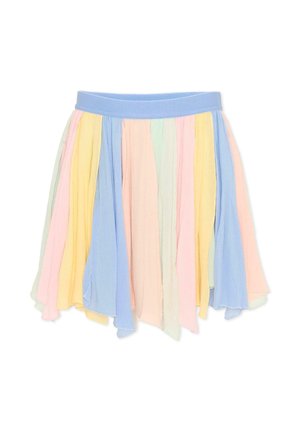 Gonna da ragazza con pannelli verticali morbidi nei colori pastello giallo, blu, rosa e verde, e una fascia elastica solida blu in vita.