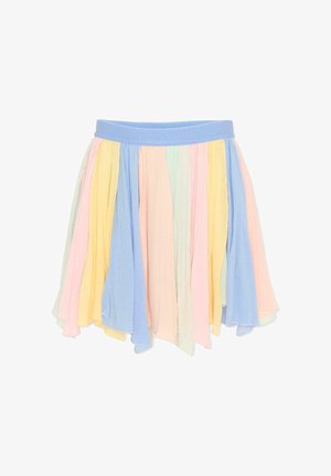 Meisjesrok met zachte verticale banen in pasteltinten geel, blauw, roze en groen, en een effen blauwe elastische tailleband.