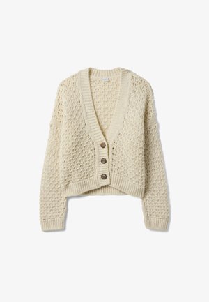 Cremafarbene, gestrickte Strickjacke mit langen Ärmeln, drei Knöpfen vorne und strukturiertem offenem Muster, dargestellt auf weißem Hintergrund.