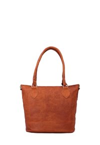 Borsa a mano in pelle marrone con due manici, forma strutturata, texture liscia e accenti decorativi a triangolo sui lati.