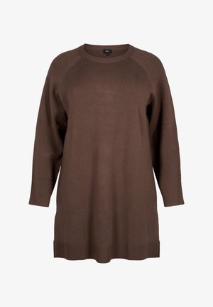 Rudas ilgos rankovės mezgimo megztinis su apvaliu kaklu, įsiūta megztu hemu ir raglan rankovėmis, pasižymintis lygiu paviršiumi visame megztinyje.