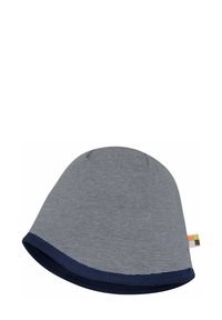 Berretto a righe in blu navy e bianco, in tessuto morbido, forma arrotondata, con un bordino blu navy a contrasto e un piccolo etichetta multicolore.