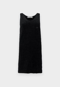 Black, sleeveless dress made of soft, textured material. Features a round neckline and a small logo on the front. Simple, straight design.