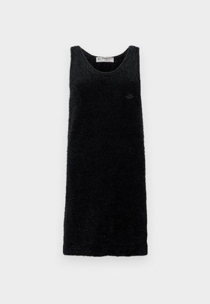 Fekete, ujjatlan ruha puha, textúrált anyagból. Kerek nyakkivágással és kis logóval rendelkezik az elején. Egyszerű, egyenes fazon.