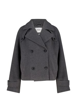 Pecato di lana grigio scuro con un design doppiopetto, grande colletto a punte e polsini oversize con bottoni.