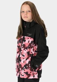 Black and pink camo jacket with a zip closure, high collar, and two pockets. Features a smooth texture and breathable material.
