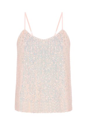 Light pink, sleeveless top adorned with scattered sequins, featuring thin straps and a soft texture, designed with a relaxed fit.