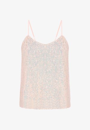 Light pink, sleeveless top adorned with scattered sequins, featuring thin straps and a soft texture, designed with a relaxed fit.