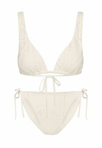 White bikini set featuring a triangular top with a textured pattern and adjustable straps, paired with side-tie bottom with similar design.