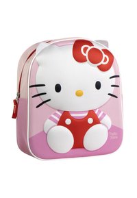 Zaino a tema Hello Kitty con un'esterno in tessuto rosa liscio, caratterizzato da un grande motivo di un gatto bianco con un fiocco rosso e un vestito rosso.