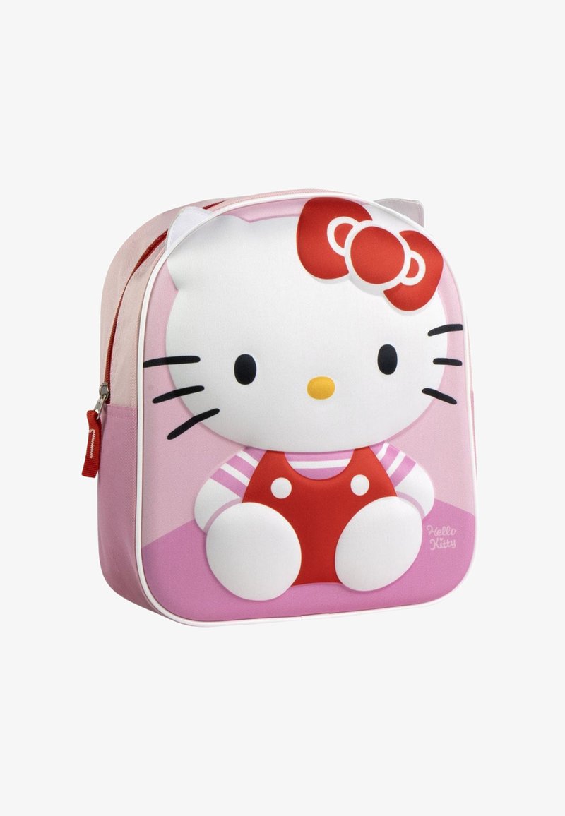 Zaino a tema Hello Kitty con un'esterno in tessuto rosa liscio, caratterizzato da un grande motivo di un gatto bianco con un fiocco rosso e un vestito rosso.