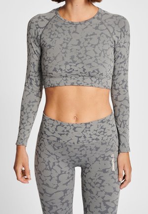 Gray long-sleeve crop top and matching high-waisted leggings with a subtle abstract pattern. Ribbed texture, athletic design, fitted style.