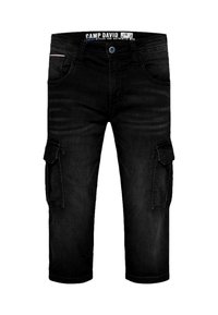 Fekete farmer cargo short, oldalsó zsebekkel, gombos záródással és enyhén kopott látszattal. Középméretű kivágás, varrott részletekkel.