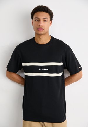 Black short-sleeve t-shirt with white horizontal stripes and "ellesse" logo; made of cotton, featuring a classic round neckline.