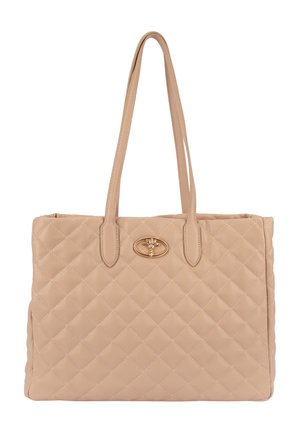 Beige gesteppte Ledertasche mit langen Henkeln und einem kleinen goldenen Blumenemblem in der Mitte vorne.