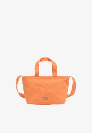 Pomarańczowa prostokątna torba na ramię z dwoma krótkimi uchwytami i jednym długim regulowanym paskiem, z małym srebrnym logo na środku z przodu.