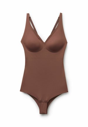 Body marron seamless avec bonnets moulés, bretelles réglables, décolleté en V profond et fermetures à pression à l'entrejambe pour un ajustement sécurisé.